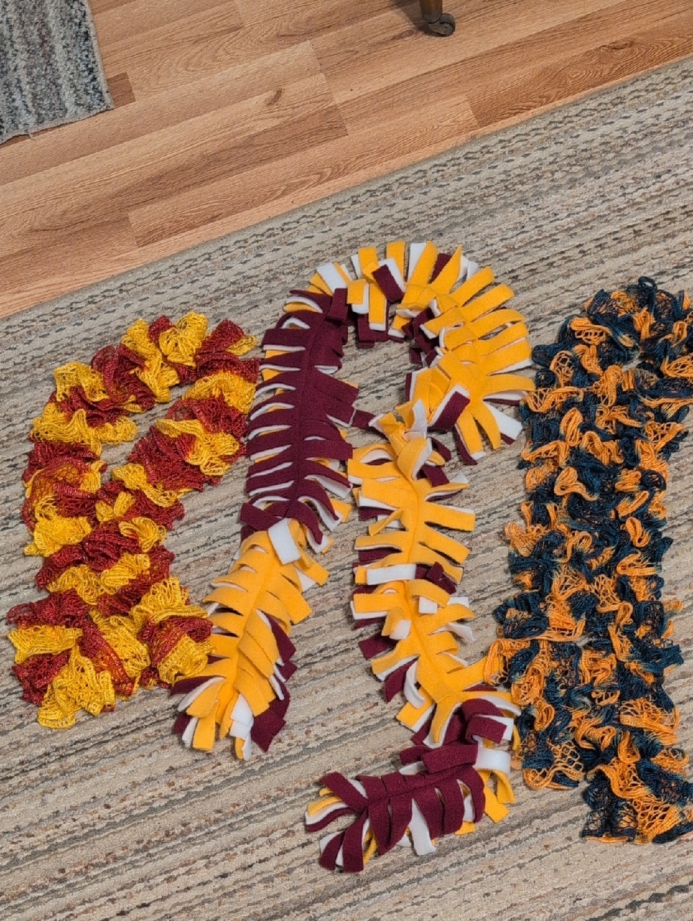 Handmade Fleece & Ruffle Scarves in Maroon, Gold, Navy